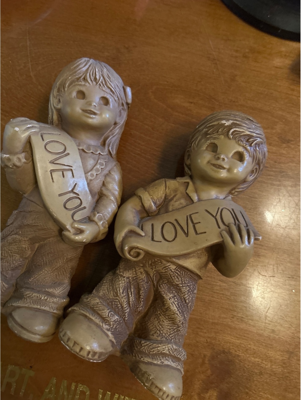 Vintage Boy and Girl Figurines Holding 'Love You' Signs